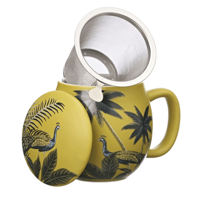 Gele theemok met theefilter en deksel - Jungle Peacock Print