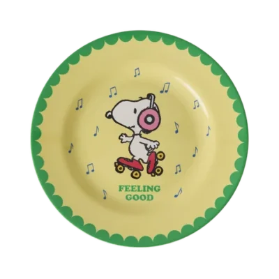Rond bord - Zachtgeel - groen - Snoopy-print